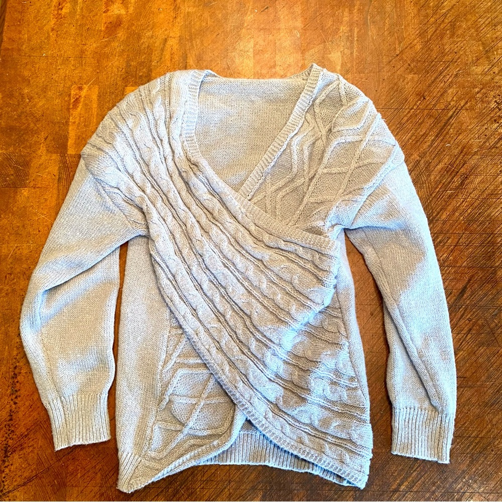 Shein Gray Unity Ballet Wrap Cross Drop Shoulder Cable Knit Sweater Size M